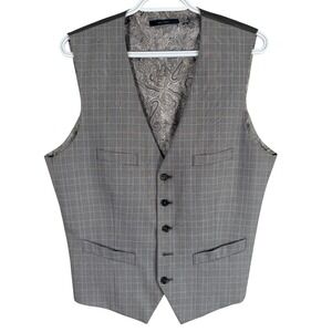 Express Suit Vest Mens M Grey Glen Plaid Paisley Lining Adjustable Back read